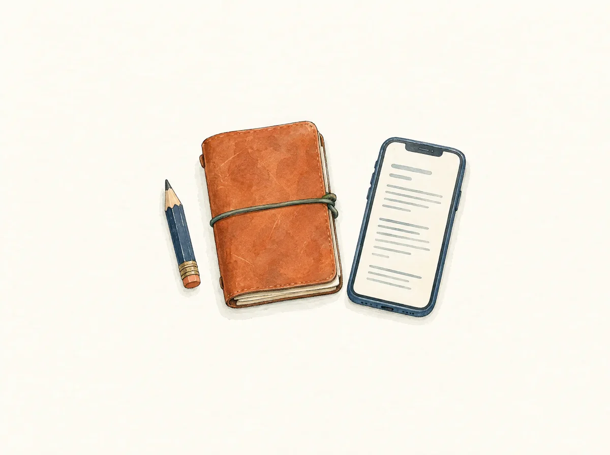 A leather field notebook beside a phone showing lines of text