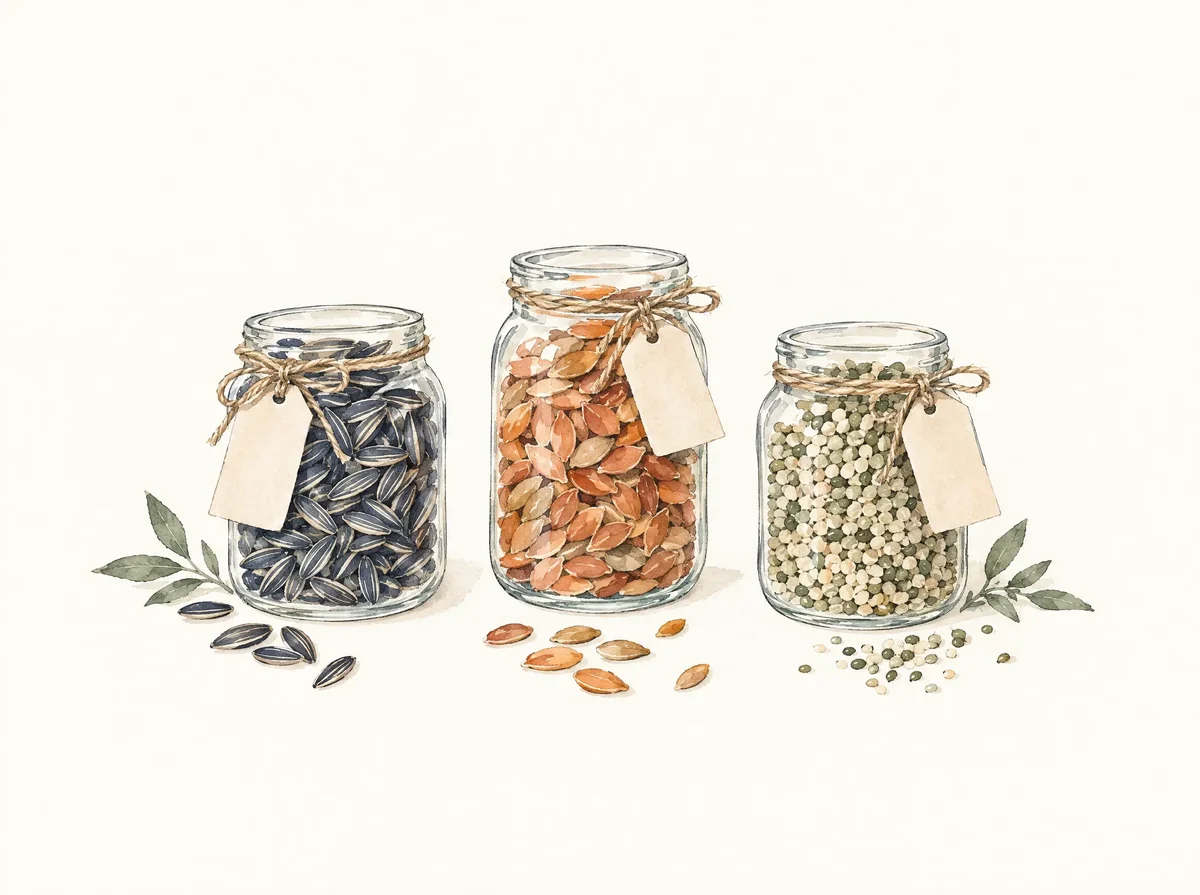 Glass jars of seeds with paper tags