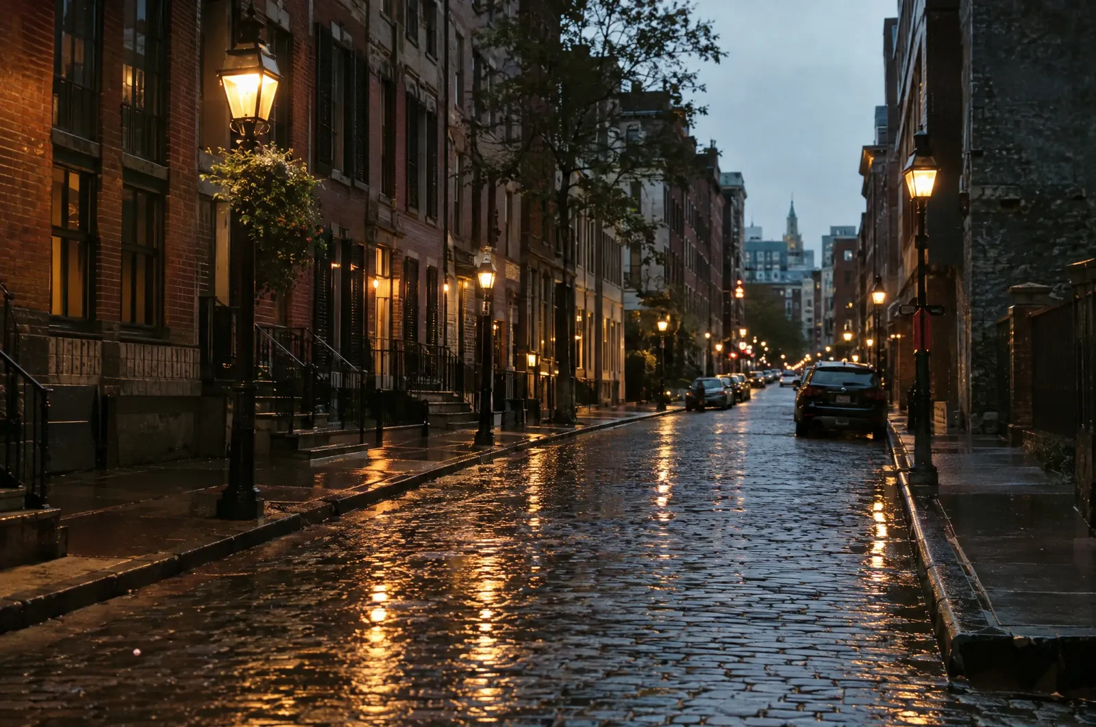 Cobblestones and street lamps.