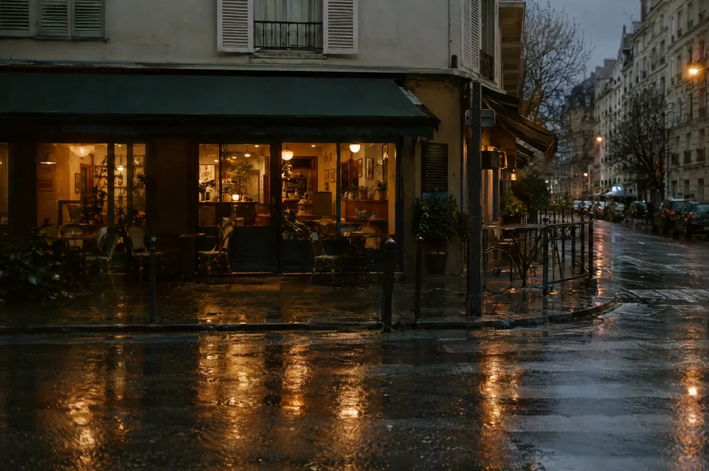 A corner cafe at dusk.