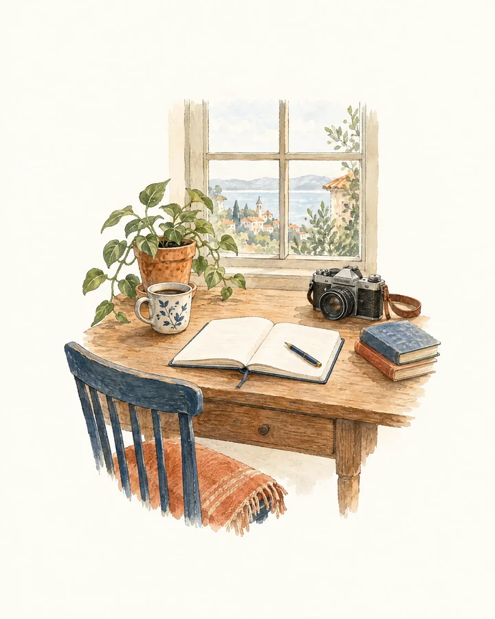 A writing desk by a window with a notebook, a mug, a plant, and a film camera